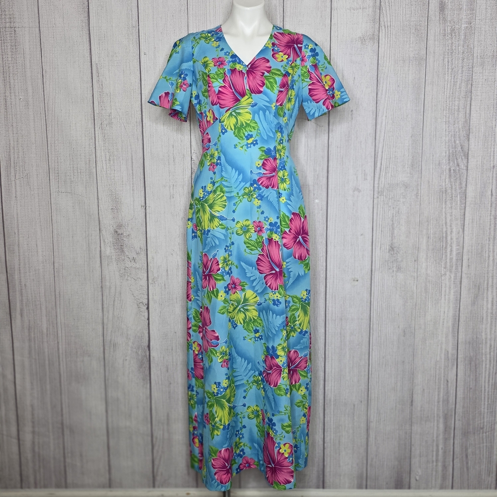 VTG 60s–70s Royal Hawaiian Blue Hibiscus Hawaiian Maxi Dress, sz Medium